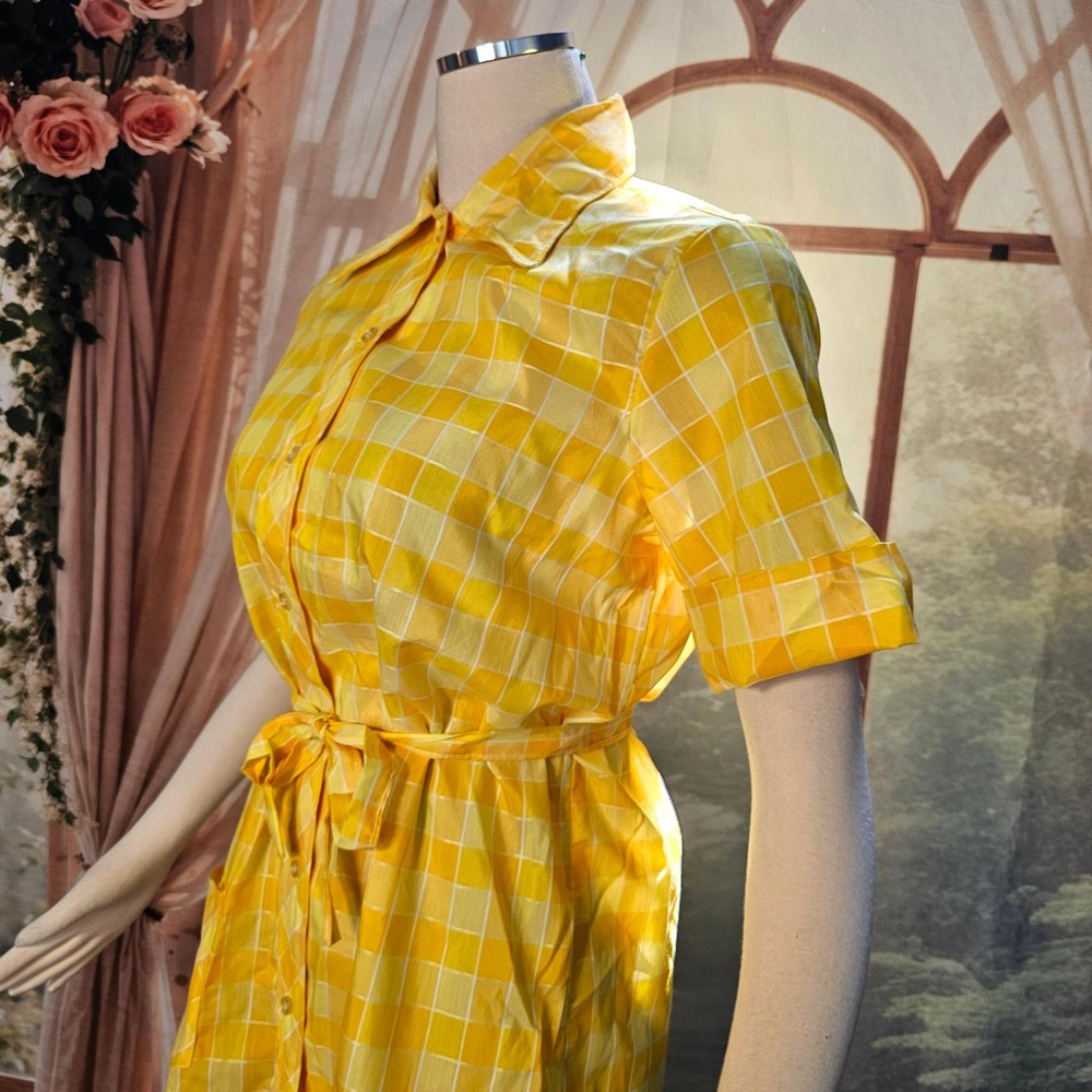 Vintage 1970s Dress Minidress Yellow Plaid Short Sleeve Buttons Pointed Collar - Picture 7 of 16